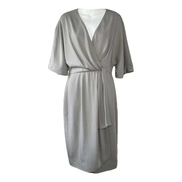 TY-LR Dresses & Skirts - TY-LR Wrap Midi Dress Womens XS Grey V-Neck Short Sleeve Minimalist Professional